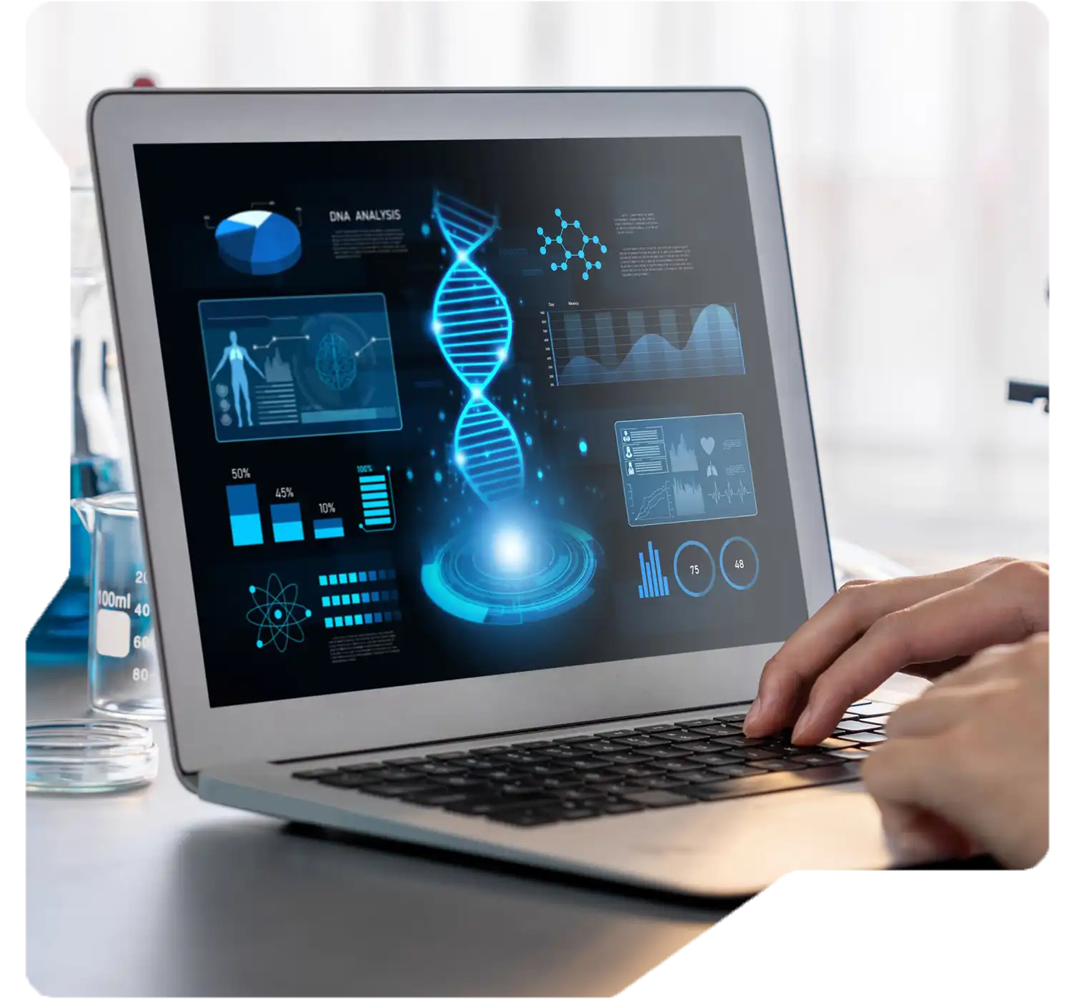 Researcher analyzing drug development data with predictive tools
