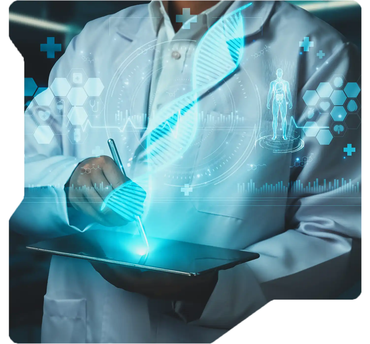 Researcher analyzing drug development data with predictive tools