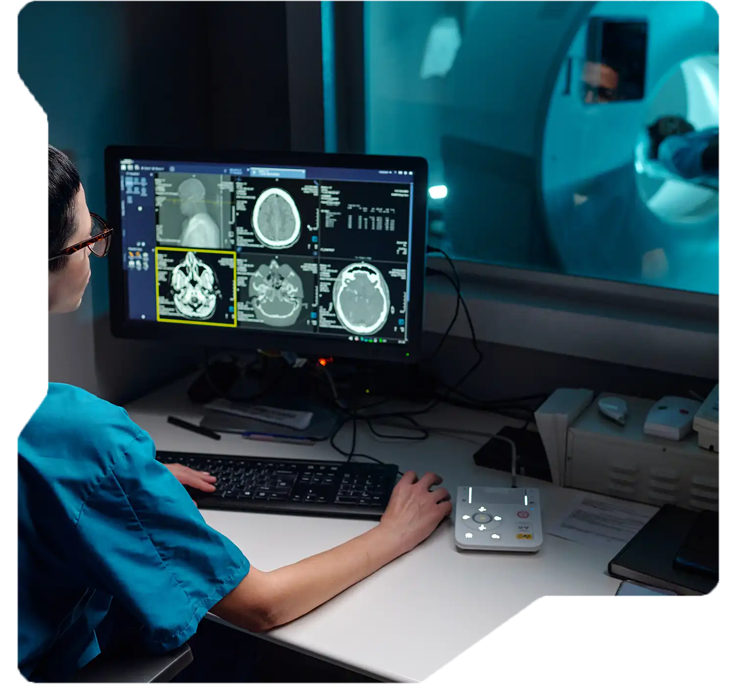 Researcher analyzing drug development data with predictive tools