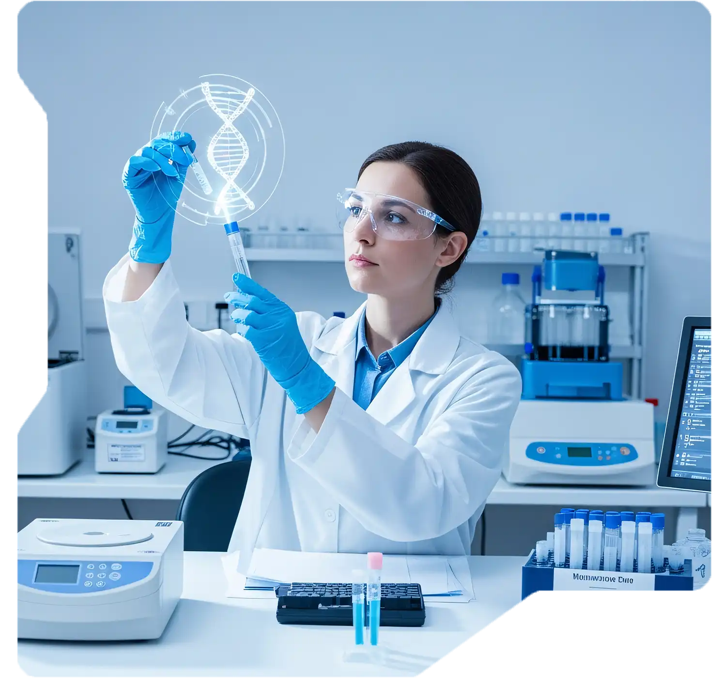 Researcher analyzing drug development data with predictive tools