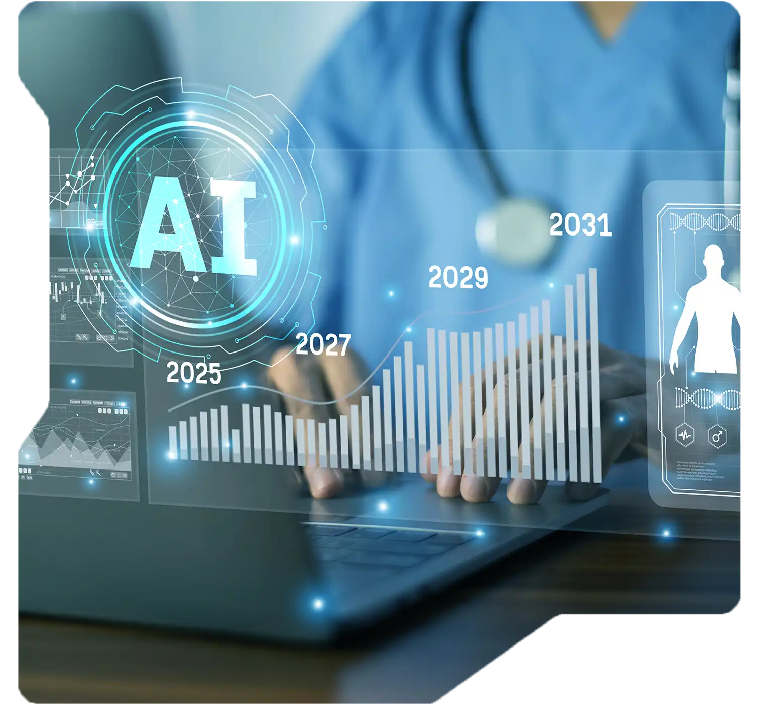 Researcher analyzing drug development data with predictive tools