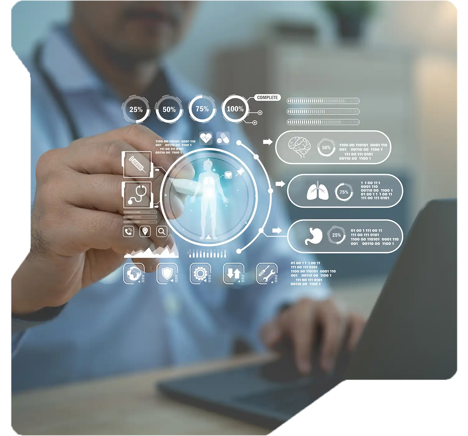 Researcher analyzing drug development data with predictive tools