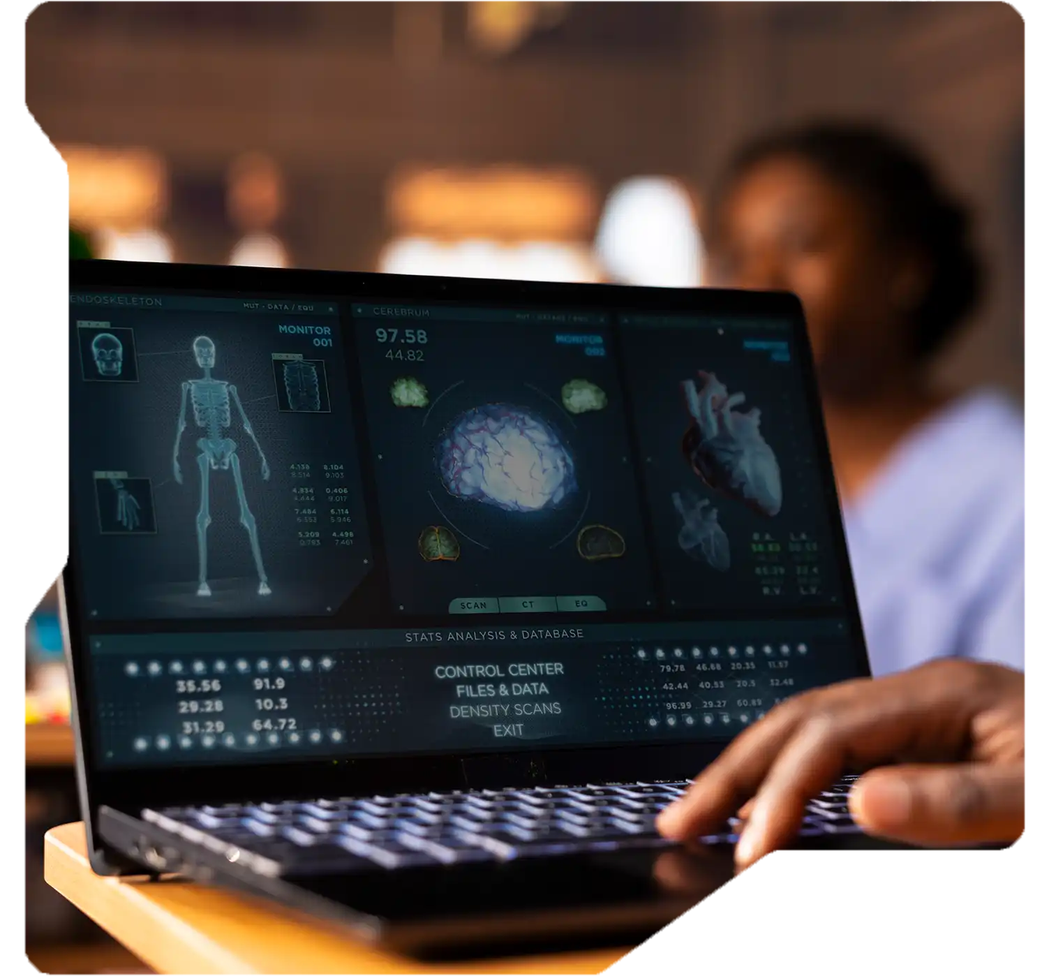 Researcher analyzing drug development data with predictive tools